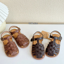 韩版女童包头凉鞋夏季新款儿童编织带罗马鞋舒适软底男宝宝沙滩鞋