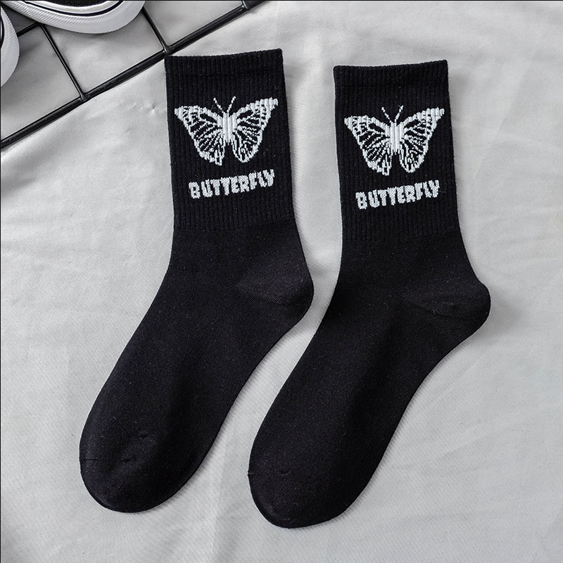 Butterfly Socks Women's Tube Socks Korean-Style High-Top Internet Celebrity All-Match Black and White JK Japanese Style Stockings Ins Trendy Socks
