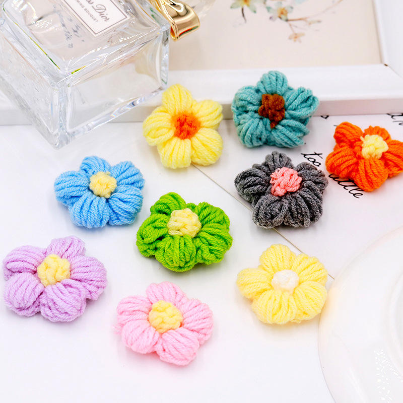 diy手工编织泡芙花毛线钩针花朵胸针耳钉发夹包包饰品配件材料