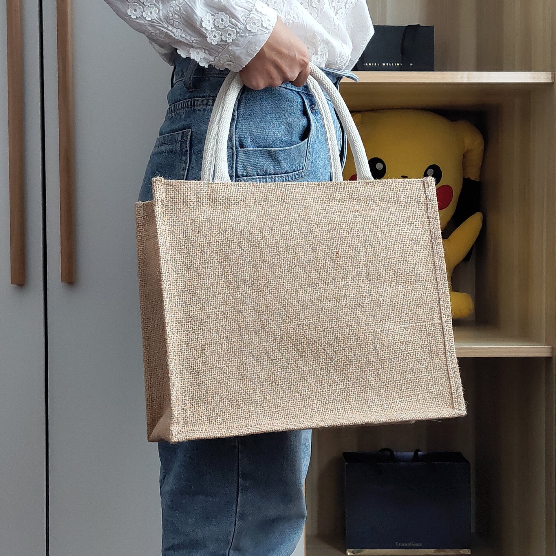 muji无印良品小麻袋 diy画画棉麻棉麻包手提黄麻饭盒包亚麻收纳包