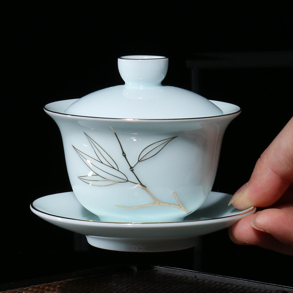 青瓷茶具手抓三才盖碗瓷器家用泡茶单个陶瓷茶碗大号白瓷200ml