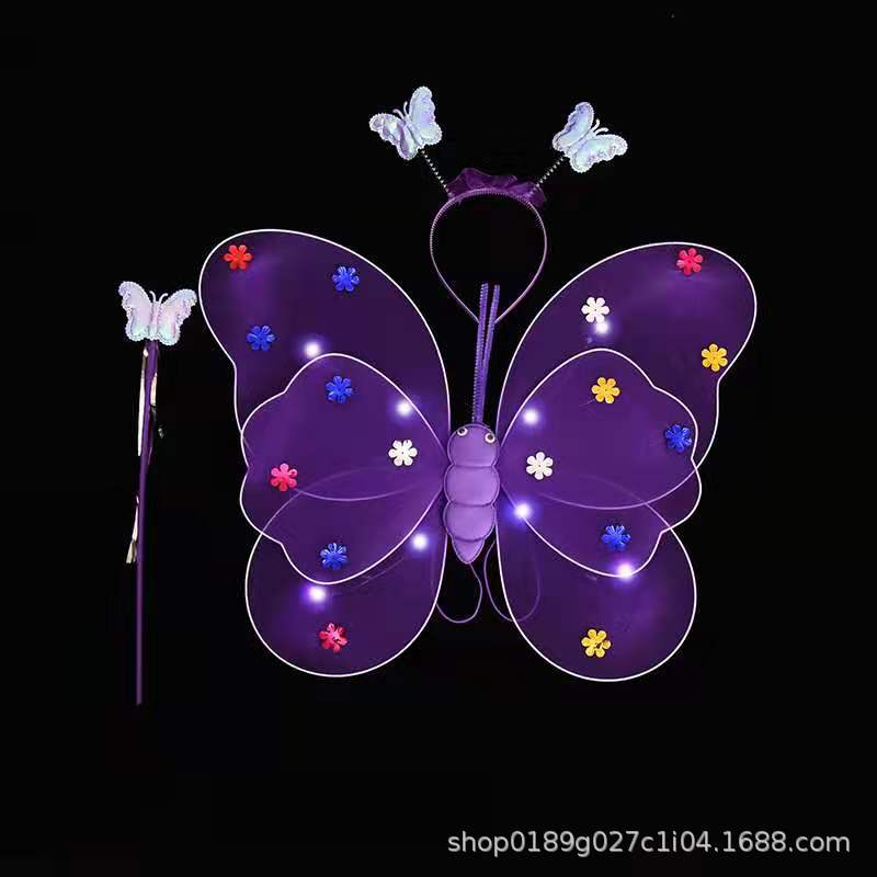Little Girl's Back Luminous Simulation Butterfly Wings with Lights Children's Performing Costumes Stage Props Dress up 4 PCs Set