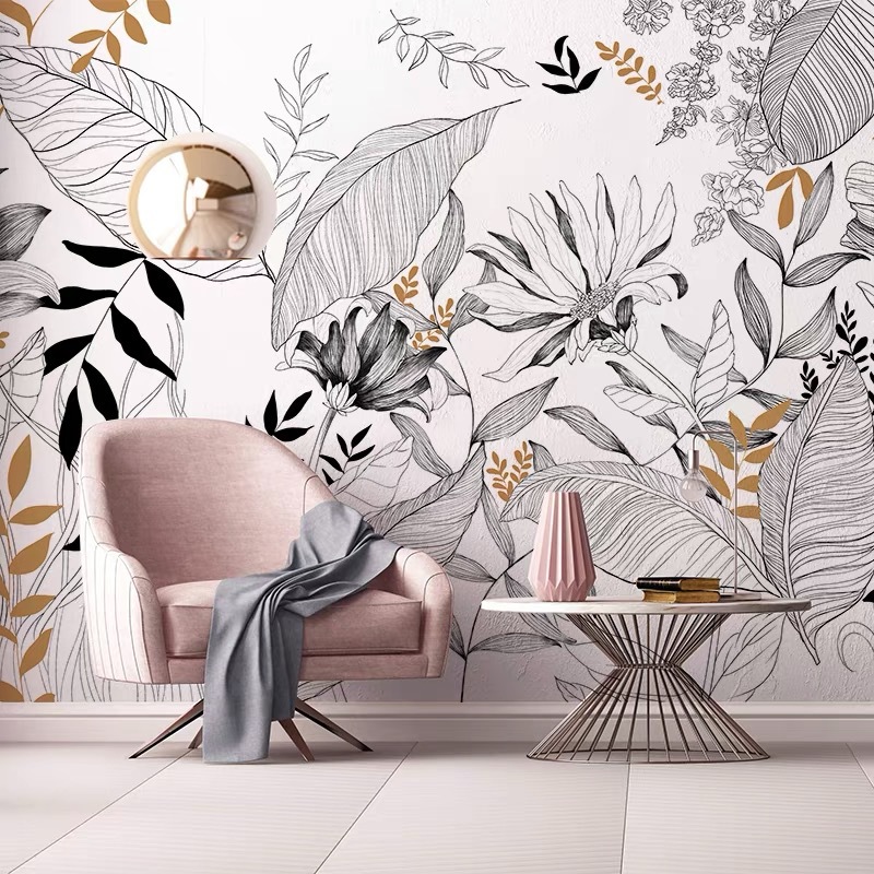 French Abstract Line Drawing Tropical Rainforest Plant Mural Living Room Dining Room Background Wallpaper Apartment B & B Environmental Protection Wall Covering Fabric
