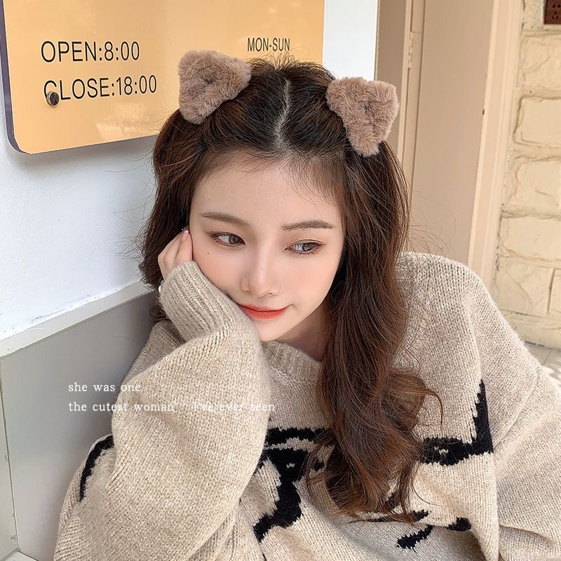 Autumn and Winter Plush Cat Ears Barrettes Women's Lamb Fur Cute Three-Dimensional Grip Bang Clip Headdress Side Clip Hair Accessories