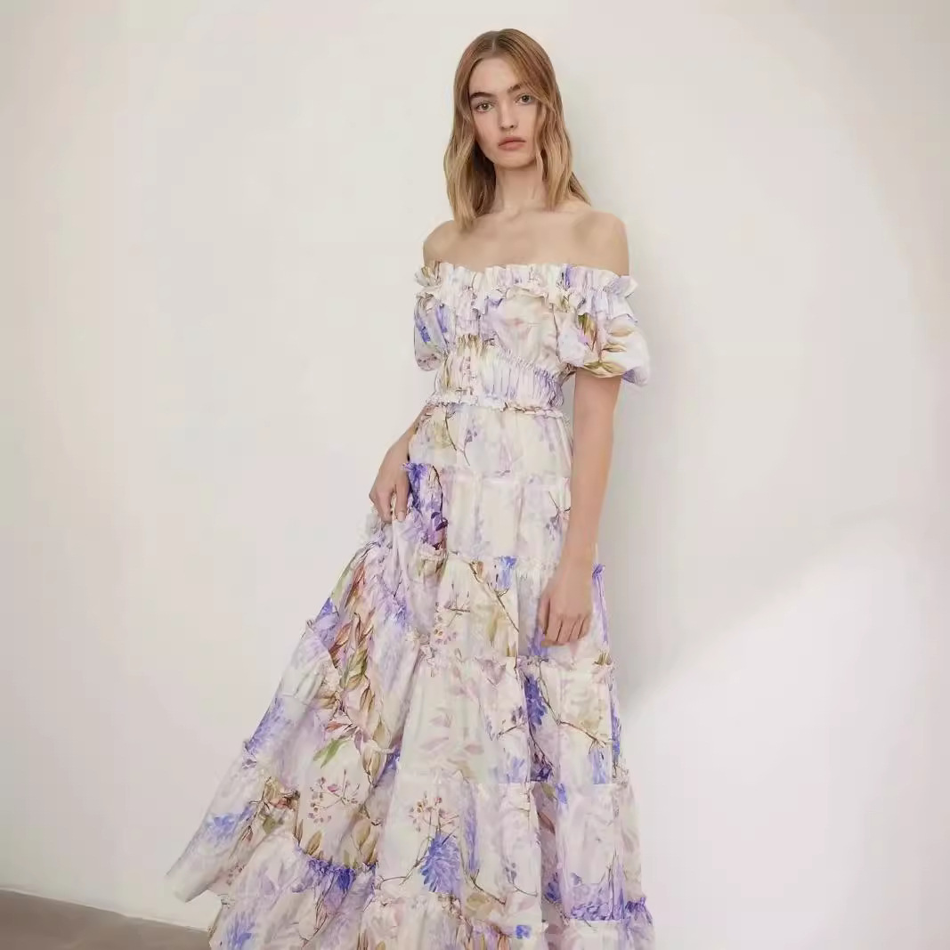 2024跨境新款露肩欧美女装时尚欧根纱仙气长款气质晚礼服连衣裙