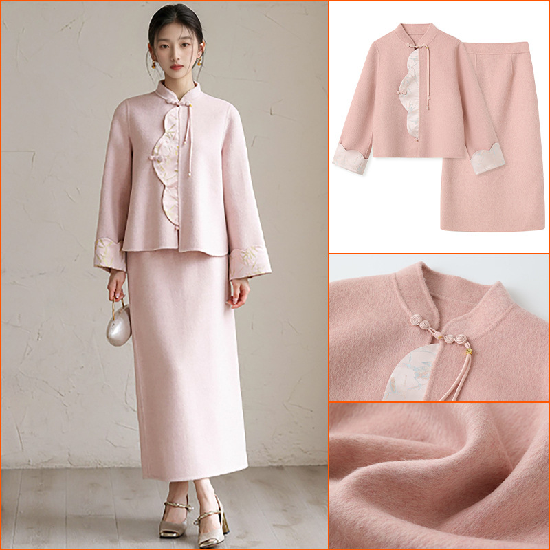 国风立领盘扣冬季新款复古中式双面呢羊毛外套半裙套装女 NX053