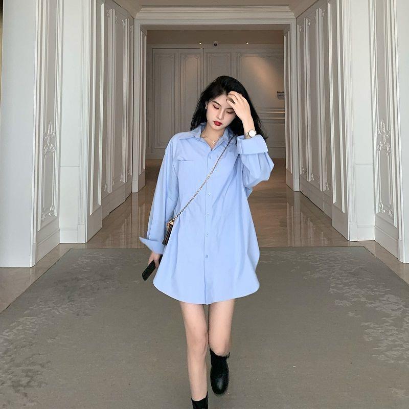 男友风中长款衬衫女韩版宽松慵懒下衣失踪衬衣设计感小众衬衣裙