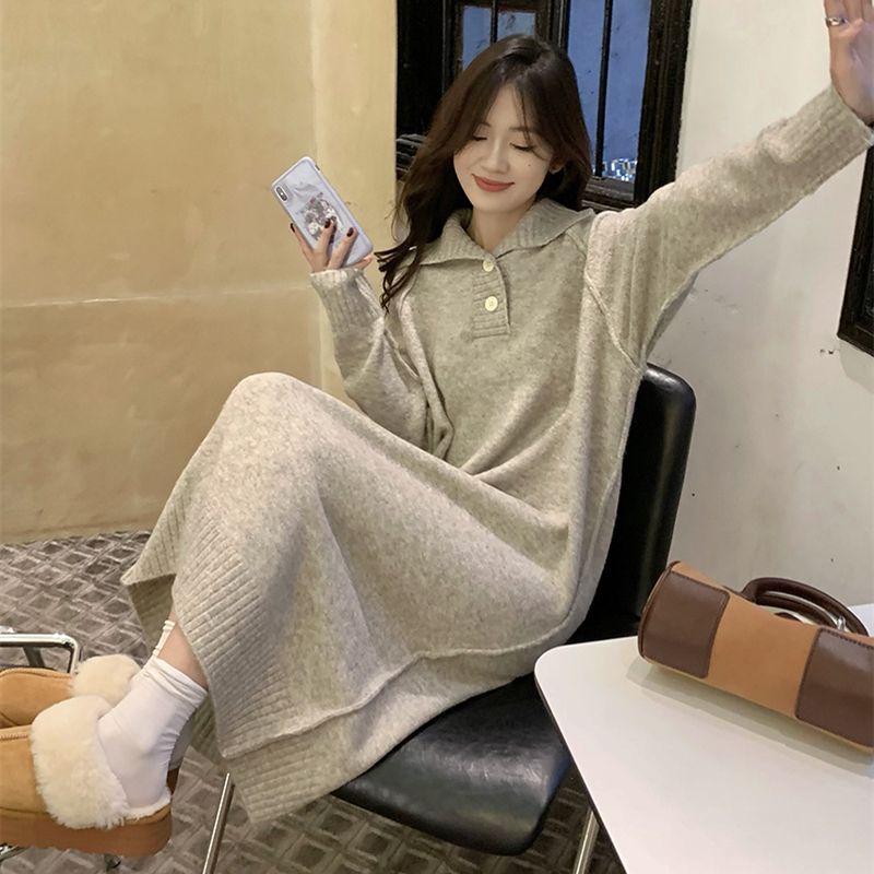 长款针织连衣裙女秋冬2025新款慵懒风过膝宽松长袖打底毛衣裙子厚