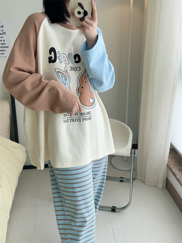 Women's Autumn Long Sleeve Trousers Suit Cartoon Casual Pajamas Korean round Neck Can Be Worn outside Pinkweo Genuine Goods