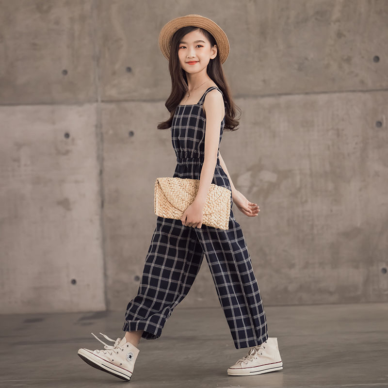 女童连体裤夏季新款儿童格子吊带连衣裤中大童女孩收腰阔腿裤