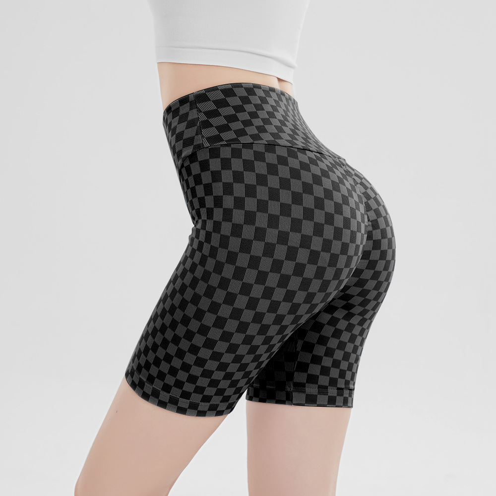 European and American Seamless Knitted Chessboard Houndstooth Yoga Pants Women's Pleated Peach Hip Sports Quick-Drying Tight Shorts