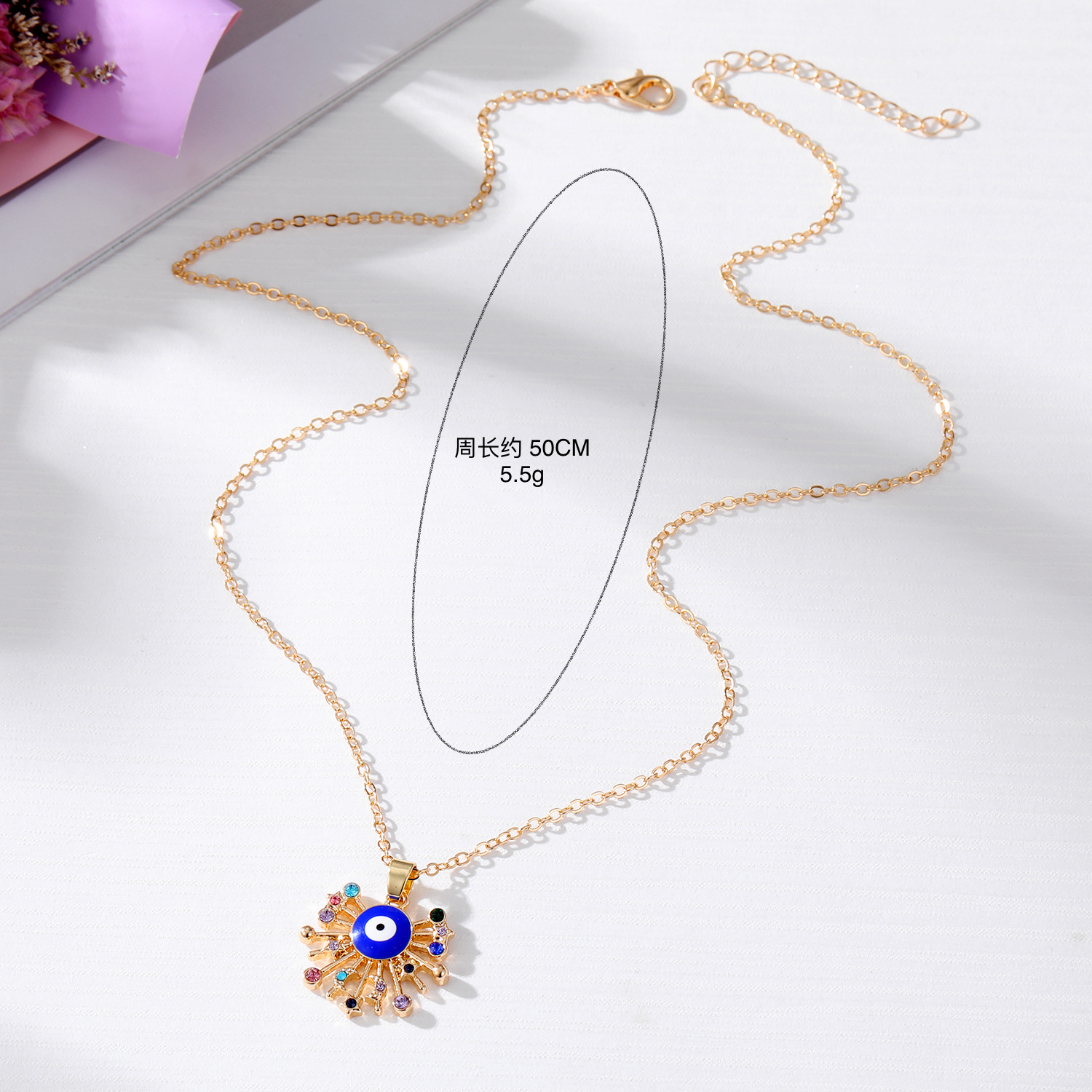 Cross-Border Turkish Devil's Eye Alloy Drop Oil Necklace Pendant Magic Color Vintage Gold Plated Twin Niche Clavicle Chain