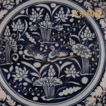 元青花龙凤描金花边盘子 仿元代出土旧货瓷器古玩古董摆件青花瓷