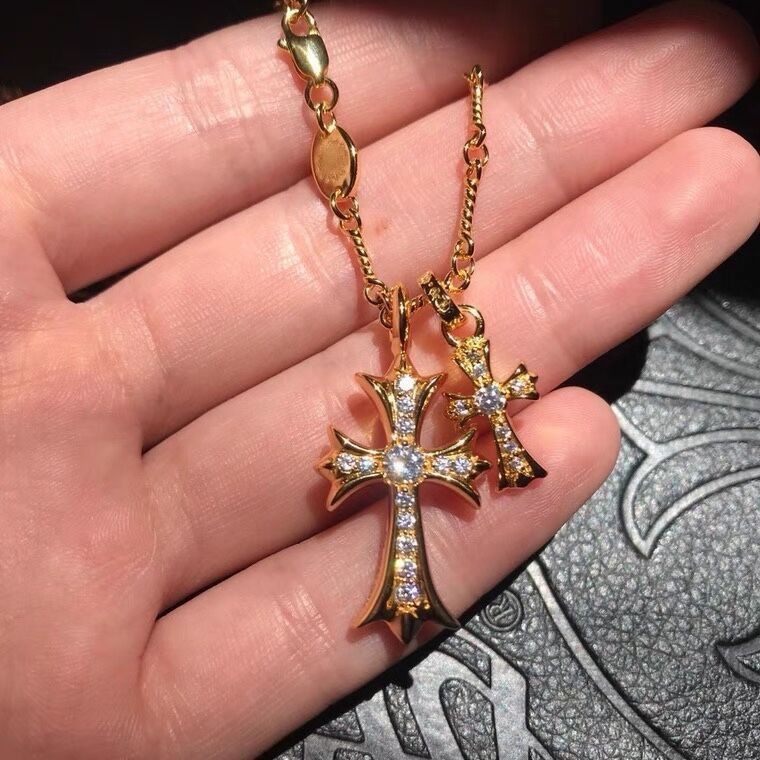 克罗心十字架项链925纯银镀18k金镶钻双十字吊坠锁骨链精工高版本
