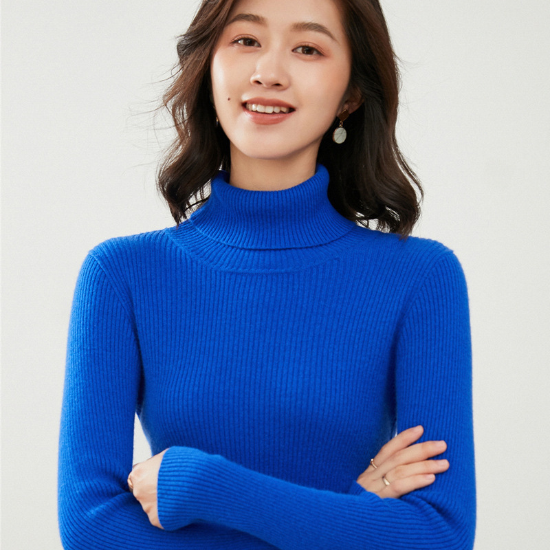 新款高领毛衣女修身秋冬加厚紧身内搭打底衫套头短款宝蓝色羊毛衫