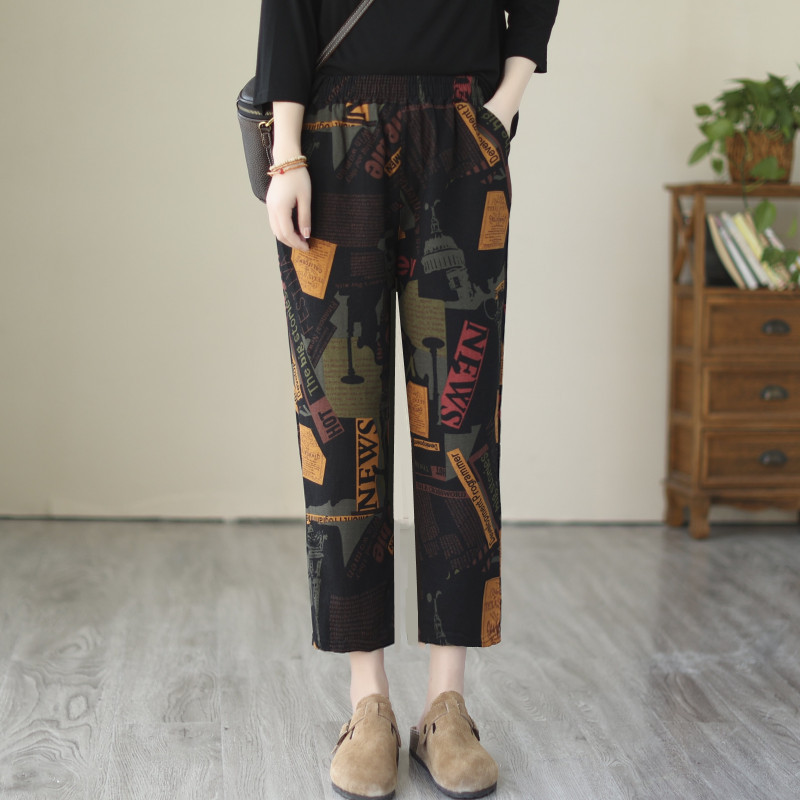 Summer Pure Cotton Mom Pants 2023 Middle-Aged and Elderly Plaid Cropped Pants Middle-Aged Harem Pants Floral Print Casual Jumpsuit Children