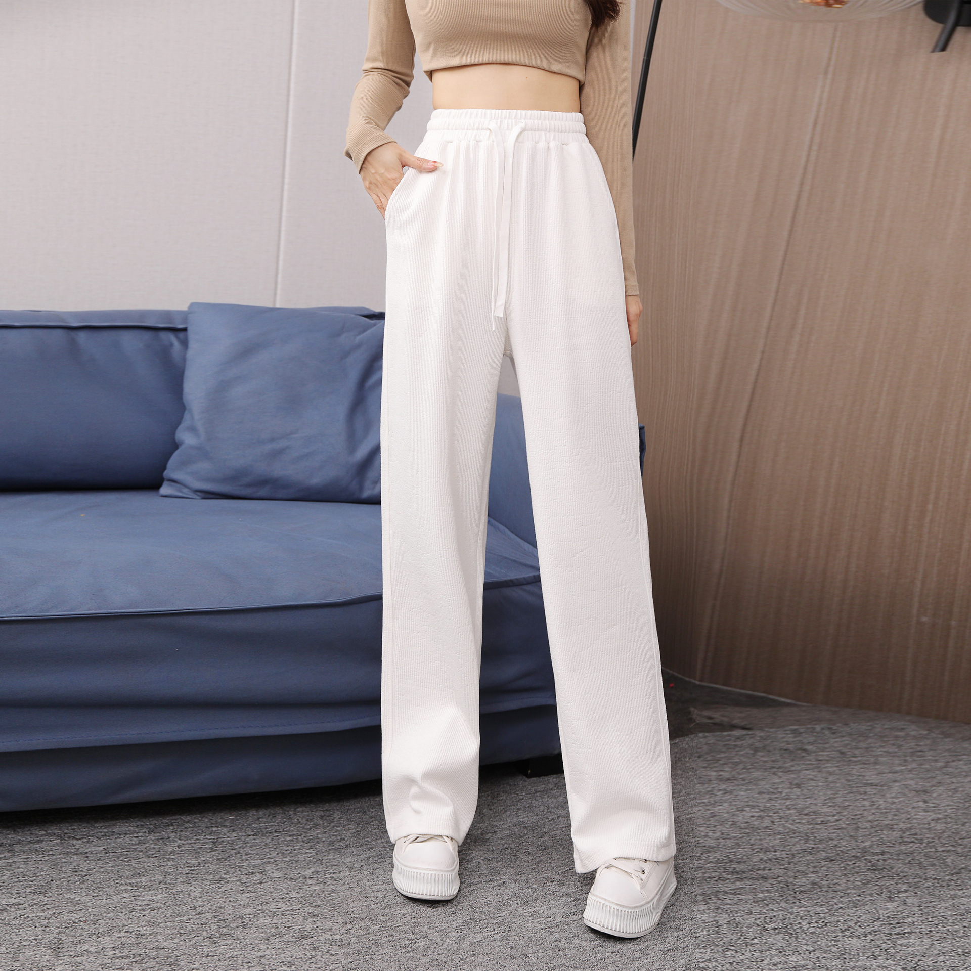 Loose Korean Style High Waist Wide Leg Pants Women's Casual Fashion Straight Pants High-End Cotton Slimming Elastic Band Mop Pants Women Clothes