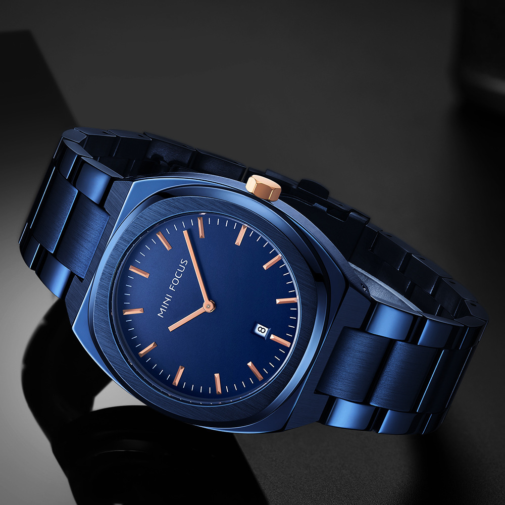 minifocus潮流时尚男手表日本机芯日历双圈防水钢带男表0319g
