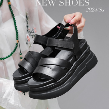 露趾凉鞋小个子夏季增高厚底松糕底罗马鞋魔术贴真皮女鞋潮-阿里巴巴