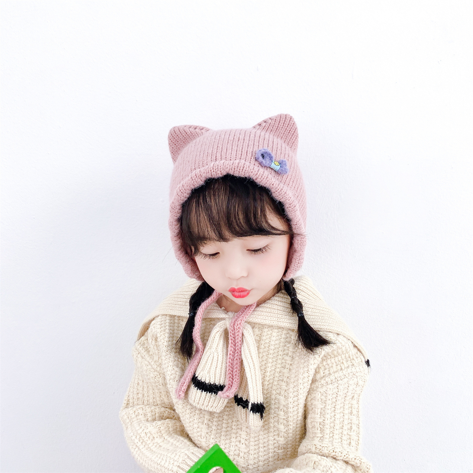 婴儿帽子2021女童秋冬季可爱甜美小公主宝宝针织毛线帽护耳保暖