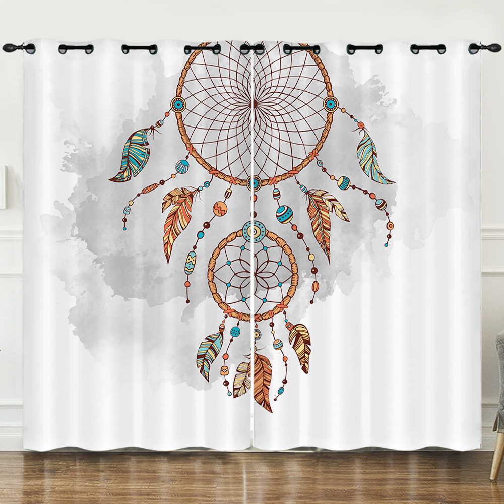 亚马逊跨境捕梦网图案民族风羽毛装饰数码印花窗帘遮光打孔批发采购