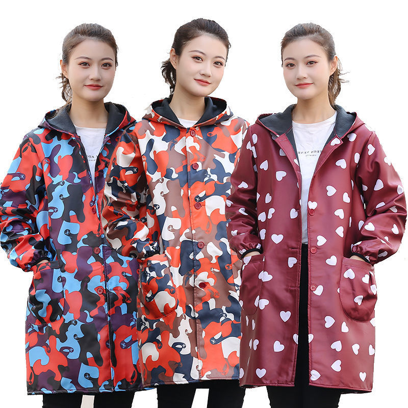 女款加绒劳保服长袖连帽工作服厨房工厂防尘防水防污保暖迷彩大褂