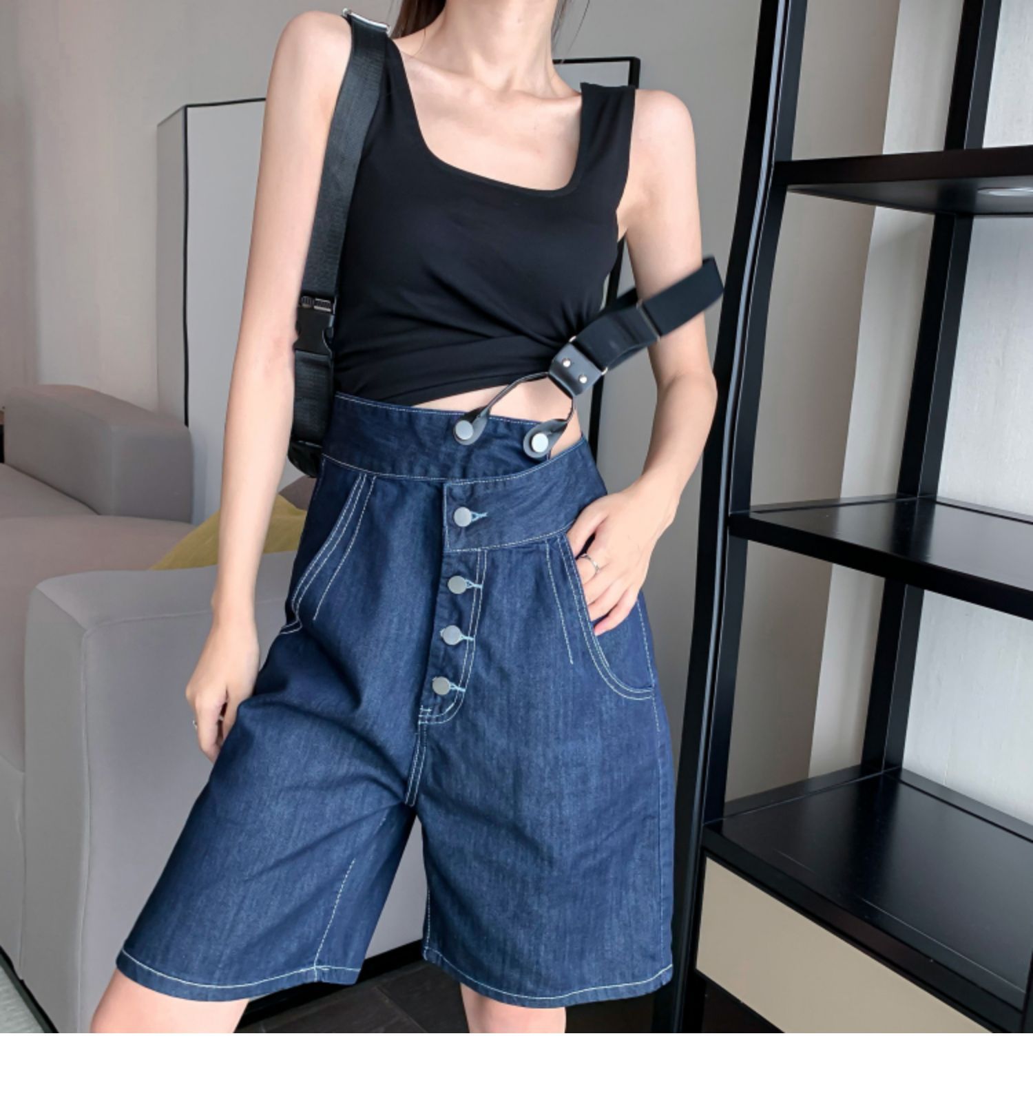 连体短裤女夏装高腰显瘦宽松阔腿裤夏季新款单肩牛仔背带裤无袖夏