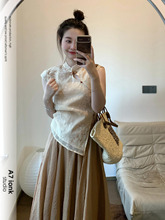 新中式国风复古时尚套装女夏季盘扣镂空不规则上衣半身长裙两件套