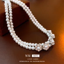 镶钻花朵珍珠双层项链 法式气质时尚锁骨链 轻奢高级感耳饰女批发