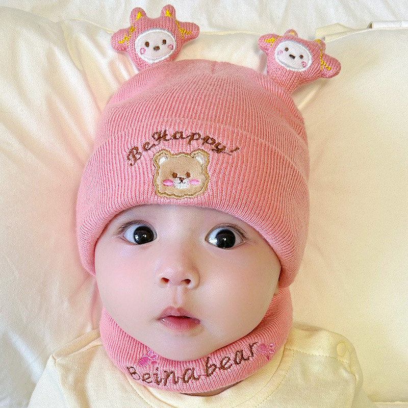 Bena Bear Children's Hat Scarf Set Men's and Women's Baby Wool Cap Cartoon Bear Warm Toddler Knitted Hat