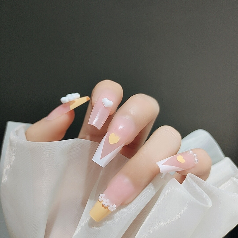 b302花心仙子梯形美甲成品假指甲贴片欧美穿戴甲片长款蝴蝶结爱心