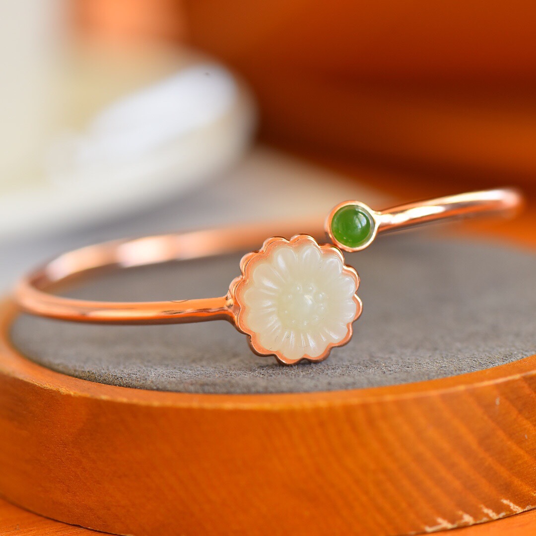 s925银镶新疆天然和田玉白玉荷花手镯玫瑰金简约开口女款气质手环