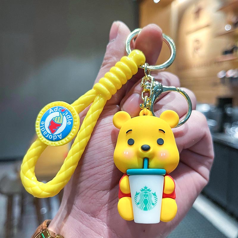Cute Cartoon Cute Version Pooh Bear Milky Tea Cup Three-Dimensional Doll Car Key Ring Hanging Piece Pendant Night Market Gift
