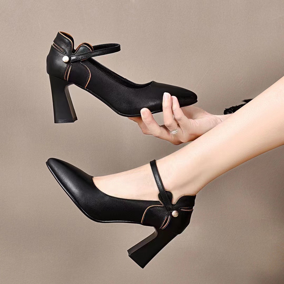 尖头粗跟高跟鞋女2024年新款秋季真皮玛丽珍女鞋软皮皮鞋高跟单鞋