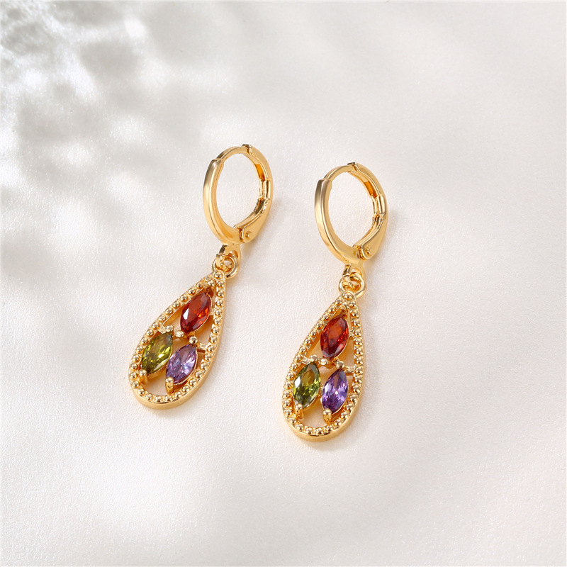 Cross-Border Independent Station Wish New Earrings Colorful Zircon Earrings European and American Popular Creative Water Drop Pear-Shaped Earrings