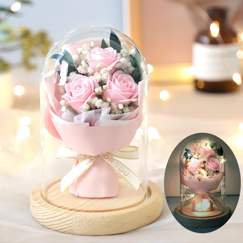 Preserved Fresh Babysbreath Rose Soap Flower Finished Bouquet Decoration Glass Cover Valentine's Day Gift Birthday Gift Box