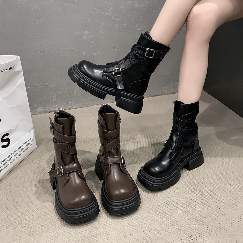 棕色休闲显瘦英伦风厚底马丁靴女2024秋季新款小个子圆头粗跟短靴