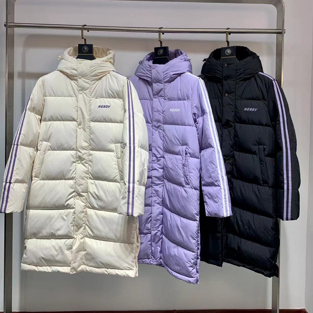 22冬季nerdy反光条长款羽绒服情侣款宽松型白鸭绒外套韩国潮牌