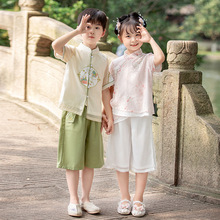 儿童汉服套装夏男女童中国风改良水墨画唐装两件套女孩古装演出服