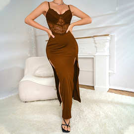 新款性感V领蕾丝拼接吊带连衣裙高腰显瘦侧开叉时尚气质长裙礼服