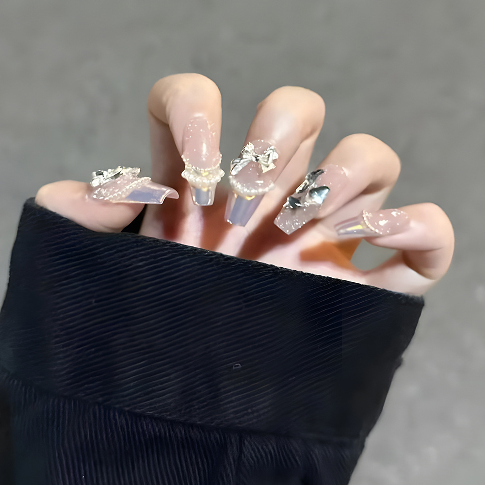 极光白珍珠法式指甲贴 蝴蝶结珍珠美甲片 分码10片光疗手工穿戴甲