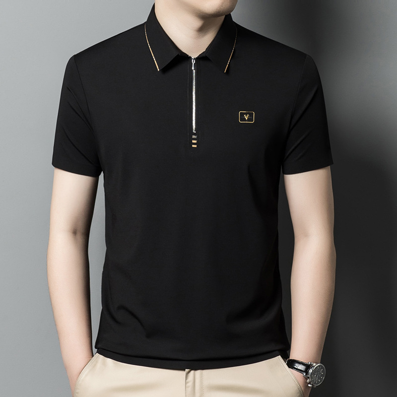 品牌男装短袖t恤男士夏季新款桑蚕丝翻中老年爸爸装冰丝polo衫