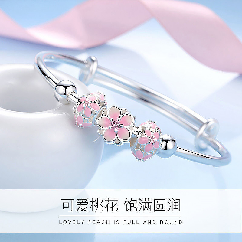 新款热卖樱花恋手镯桃花转运珠推拉可调节镀银手环手饰品抖音批发