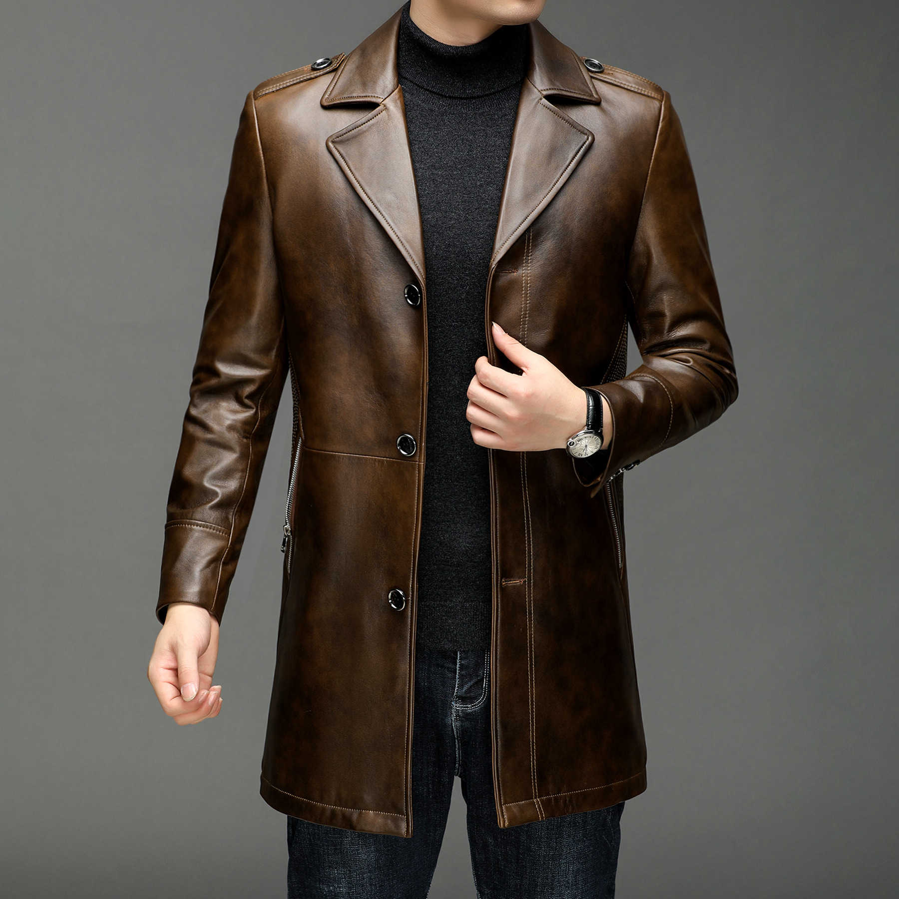 海宁真皮皮衣男士中长款时尚绵羊皮青年西装领真皮风衣男装外套