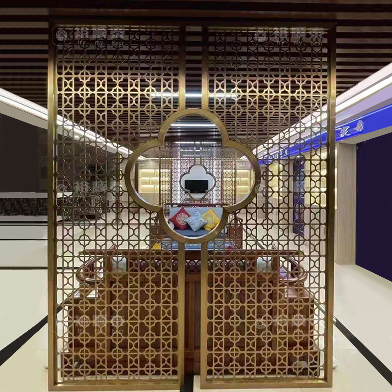 订制门厅镂空双面玄关花格 新中式钛金雕花镂空不锈钢屏风隔断