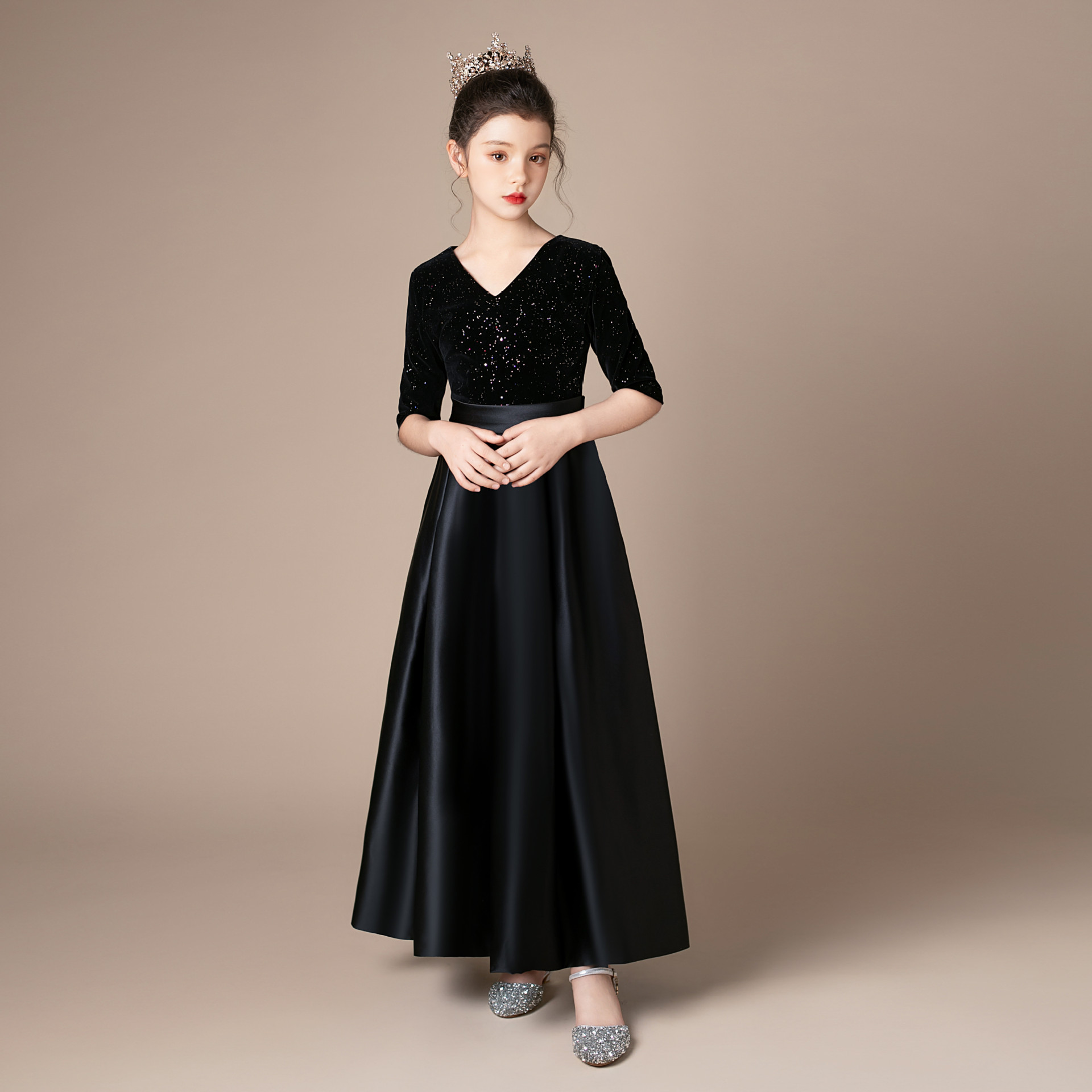 丝绒长袖演出服黑色女孩钢琴小提琴主持人管弦乐团大合唱女童礼服