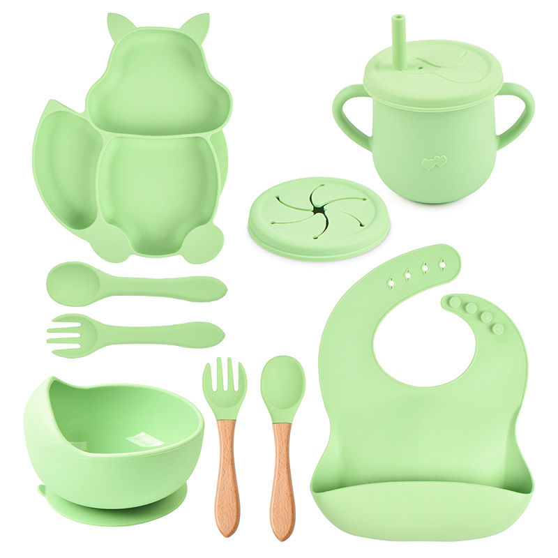 8-Piece Children's Squirrel Compartment Silicone Tableware Set Baby Silicone Food Supplement Set Children Silicone Plate