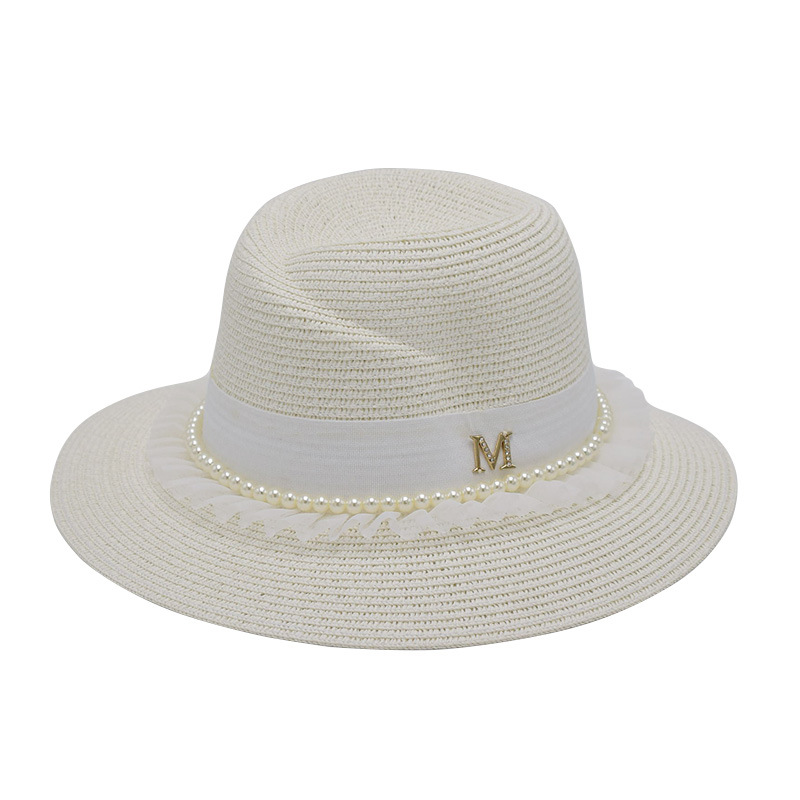 白色草帽珍珠链条礼帽女夏天逛街出游防晒遮阳帽海边度假沙滩帽子