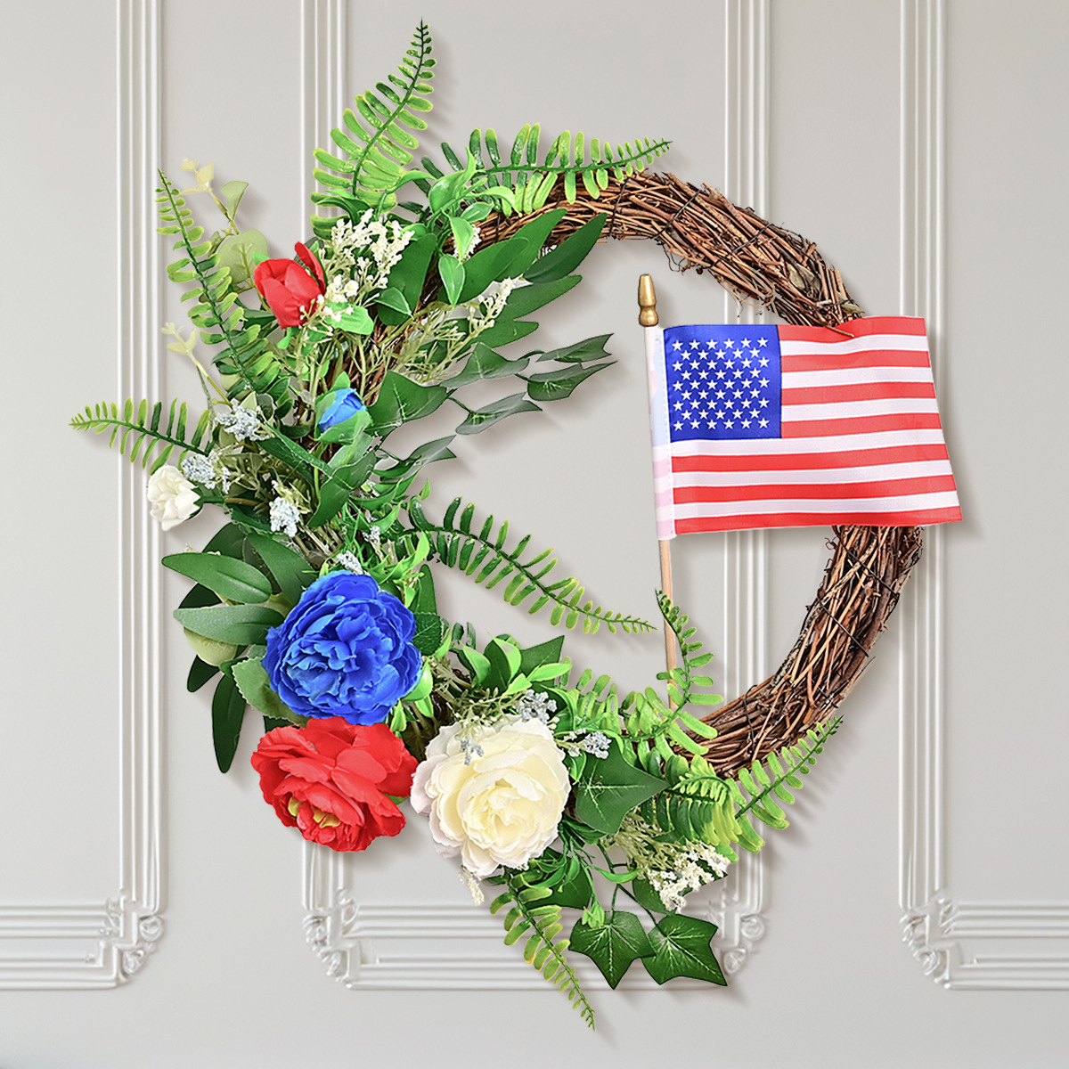 cross-border new arrival 2024 american independence day vine ring artificial flower red white blue national day celebration decorations arrangement garland