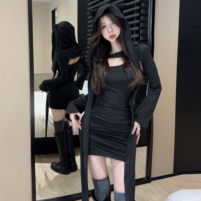 已恩 小恶魔时尚帽子耳朵包臀连衣裙长袖性感辣妹夜店小黑裙潮
